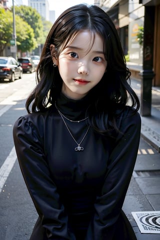 background is New York,street, 18 yo, 1 girl, beautiful korean girl, big eyes, wearing tight black dress(turtle neck,simple,long sleeves),black long boots, smile, solo, {beautiful and detailed eyes}, dark eyes, big breasts, calm expression, delicate facial features, ((model pose)), Glamor body type, (dark hair:1.2), simple tiny earrings, simple tiny necklace,very_long_hair, hair past hip, bangs, curly hair, flim grain, realhands, masterpiece, Best Quality, 16k, photorealistic, ultra-detailed, finely detailed, high resolution, perfect dynamic composition, beautiful detailed eyes, eye smile, ((nervous and embarrassed)), sharp-focus, full_body, cowboy_shot,hyerilorashy