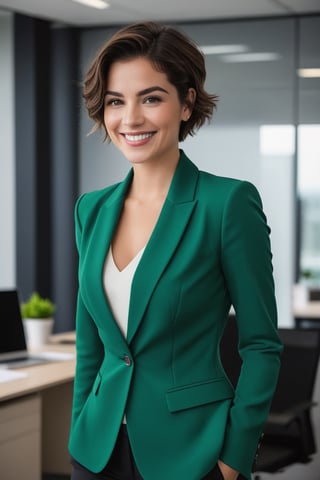 uma jovem de cabelo preto, olhos verdes, short hair up to the shoulders, she is in the office, ela esta de roupa, dress pants and blazer, She is a businesswoman, she is happy, melhor fotografia, obra prima, luz cinematografica, She's smiling