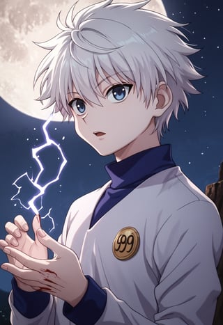 Score_9_up, Score_8_up, Score_7_up, Very detailed, high quality, masterpiece, beautiful, , killua_zoldyck, 1boy, solo, looking at viewer, short hair, open mouth, bangs, blue eyes, shirt, long sleeves, hair between eyes, upper body, white hair, male focus, looking back, electricity, magic, male child, score_8_up, rating_safe, shading, detailed background, good illumination, shiny leather, defined, a cliff, night, stars, full moon, full moon in the backgrounddetails (lora:xl_char_killua_zoldyck:1.0), (countershading: 1.1)  (Electrokinesis:1.3),perfect hands, good handes, perfect fingers,evil expression, murderous expression, blood on the face, blood on the hands, long nails,gore atmosphere, yandere, terrifying atmosphere,empty eyes,ladyshadow
