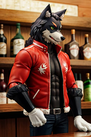 A collector's figure-style image of an anthropomorphic furry black wolf with a black neck tuft and green eyes, wearing a red jacket and black jeans, serving as a bartender at a bar he owns, with a muscular body.
