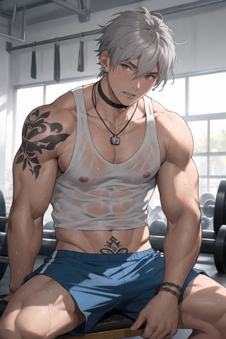 masterpiece, high definition, perfect quality,Vibrant, looking at the viewer, short hair, in a gym , 1boy, inside, day, tank top, tank top, white tank top, hair between the eyes, jewelry, closed mouth, nipples, gray hair, male focus, earrings, choker, sweaty body, tattoos, necklace, bracelet, gray eyes, wet, , muscle, chain, piercing, abs, pectoral, muscular, male, rope, nipple pircing,blue shorts,wet,,sitting, with a dumbbell in hand, strapped bisep, veins on muscles

Translated with DeepL.com (free version)