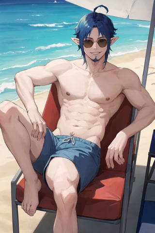 masterpiece, high definition, perfect quality, ao_no_exorcist, mephisto_pheles, solo, looking at viewer,on the beach, smile, shirtless, 1boy, seated, blue hair, male focus, beach shorts, facial hair, crossed legs, ,pointy ears, perfect proportions, perfect hands, beautiful, 8k, beautiful eyes, perfect pupils, perfect pupil,,1boy,ahoge,sunglasses, blue sunglasses, raising the sunglasses
