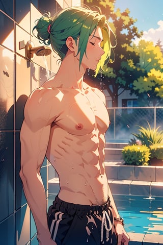 Highly detailed, masterpiece, high quality, beautiful, high resolution, original, 1 man, a vibrant scene in a sunlit park. 1 young adult completely naked, his green hair, long and loose, the length is up to his neck, showering, his toned physique, the water falling down his body. Wet hair, body in profile, 8k, defined face, closed eyes, pink nipples, chest hair, pubic hair, defined pecs, biseps, abs, medium profile body, arms at the sides,intheshower