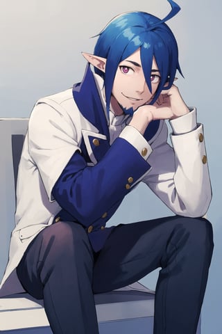 masterpiece, high definition, perfect quality, ao_no_exorcist, mephisto_pheles, alone, looking at viewer, smile, long sleeves, 1 boy, sitting, blue hair, male focus, pants, facial hair, legs crossed, headrest, hand on knee,pointy ears, perfect proportions, perfect hands, beautiful, 8k, beautiful eyes, perfect pupils, perfect pupil,,1boy,ahoge
