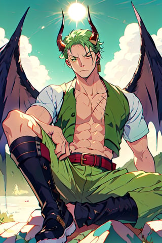 Highly detailed, masterpiece, high quality, beautiful, high resolution, original, 1 man, Zoro (from One Piece) as a human with dragon features, handsome man, green hair, no shirt, brown eyes, muscular body. He wears a green bandana on his forehead, a green vest with gold details, no shirt, abs, pectorals, a green belt. He has three swords on his belt. large averted dragon wings, green wings with scales, spread wings, wide wings, black horns on the head. He is at the foot of a mountain, the sky, the sun and the clouds in the background. He seems serious and determined. three earrings in the left ear, a scar in the left eye, left eye closed, sitting on a rock, forest vegetation, horo coin at his feet, look at the viewer, long black pants, tight pants, leather boots, boots brown right eye open,