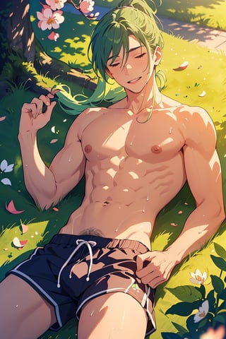 Highly detailed, masterpiece, high quality, beautiful, high resolution, original, 1 man, a vibrant scene in a sunlit park. 1 young adult with elegant black sports shorts, his hair green, long with a ponytail. While lying in the sespes, under a tree after jogging, his toned physique can be seen, without a shirt, beads of sweat fall down his chest and face. Around him there are cherry blossom trees, which bathe the scene with delicate petals. Despite a light layer of sweat on his face, a radiant smile conveys joy.8k, defined face, flirtatious look, pink nipples, chest hair, pubic hair, defined pecs, biseps, abs, sleeping, marked bulge on the shorts, covered by the shadow of the tree, some cherry petals on his body and around