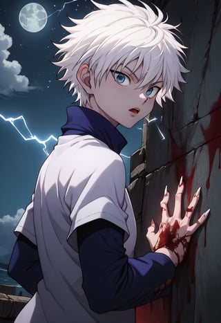 Score_9_up, Score_8_up, Score_7_up, Very detailed, high quality, masterpiece, beautiful, , killua_zoldyck, 1boy, solo, looking at viewer, short hair, open mouth, bangs, blue eyes, shirt, long sleeves, hair between eyes, upper body, white hair, male focus, looking back, electricity, magic, male child, score_8_up, rating_safe, shading, detailed background, good illumination, shiny leather, defined, a cliff, night, stars, full moon, full moon in the backgrounddetails(lora:xl_char_killua_zoldyck:1.0), (countershading: 1.1) (Electrokinesis:1.3),perfect hands, good handes, perfect fingers, evil expression, murderous expression, blood on the face, blood on the hands, long nails,gore atmosphere, yandere, terrifying atmosphere,empty eyes,,lost look, cloudy look, serious expression, death expression
