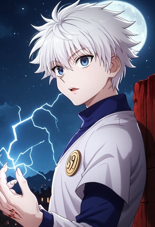 Score_9_up, Score_8_up, Score_7_up, Very detailed, high quality, masterpiece, beautiful, , killua_zoldyck, 1boy, solo, looking at viewer, short hair, open mouth, bangs, blue eyes, shirt, long sleeves, hair between eyes, upper body, white hair, male focus, looking back, electricity, magic, male child, score_8_up, rating_safe, shading, detailed background, good illumination, shiny leather, defined, a cliff, night, stars, full moon, full moon in the backgrounddetails (lora:xl_char_killua_zoldyck:1.0), (countershading:1.3)  (Electrokinesis:1.3),perfect hands, good handes, perfect fingers,evil expression, murderous expression, blood on the face, blood on the hands, long nails,gore atmosphere, yandere, terrifying atmosphere,empty eyes,ladyshadow,CarnageStyle,lighting_thunder, lightning,electricity, glowing