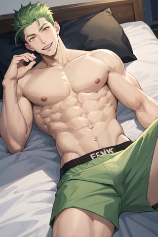 masterpiece, high definition, perfect quality,Vibrant,solo,smiling,1boy,yellow eyes,male focus,green hair,holding,lying on a bed,solo in underwear,topless,boxers,green boxers,tight boxers,focus on abs,focus on pecs,good quality,perfect proportions,perfect hands,beautiful,beautiful,8k,beautiful eyes,perfect pupils,perfect pupil,1guy,anime,achilles,fgo