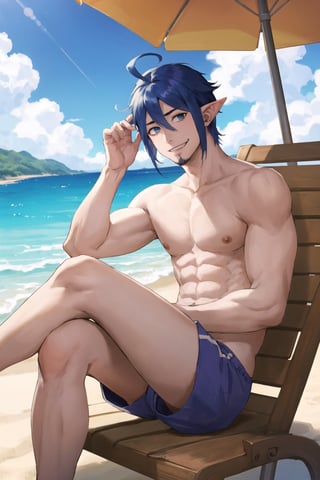 masterpiece, high definition, perfect quality, ao_no_exorcist, mephisto_pheles, solo, looking at viewer,on the beach, smile, shirtless, 1boy, seated, blue hair, male focus, beach shorts, facial hair, crossed legs, ,pointy ears, perfect proportions, perfect hands, beautiful, 8k, beautiful eyes, perfect pupils, perfect pupil,,1boy,ahoge
