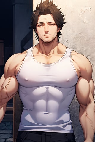 masterpiece, best quality, highly detailed character, body, alone, male focus, 1 man, yami sukehiro, muscular man, facial hair, sideburns, stubble, slight smile, looking at viewer, tank top, white tank top, black capelet, brown eyes, black bull embroidery, YAMI Sukehiro, best quality