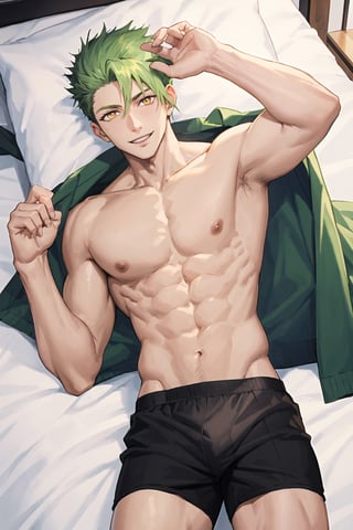 masterpiece, high definition, perfect quality,Vibrant,alone,smiling,1boy,yellow eyes,male focus,green hair,holding,lying on a bed,no shirt,in underwear,topless,in boxers,green boxer,focus on abs,focus on pecs,good quality,perfect proportions,perfect hands,beautiful,beautiful,8k,beautiful eyes,perfect pupils,perfect pupil,1guy,anime,achilles,fgo