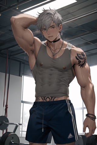 masterpiece, high definition, perfect quality,Vibrant, looking at the viewer, short hair, in a gym , 1boy, inside, day, tank top, tank top, white tank top, hair between the eyes, jewelry, closed mouth, nipples, gray hair, male focus, earrings, choker, sweaty body, tattoos, necklace, bracelet, gray eyes, wet, , muscle, chain, piercing, abs, pectoral, muscular, male, rope, nipple pircing,blue shorts,wet, standing, pose showing muscles, push-up, biseps, muscle veins

