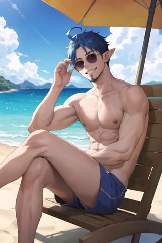 masterpiece, high definition, perfect quality, ao_no_exorcist, mephisto_pheles, solo, looking at viewer,on the beach, smile, shirtless, 1boy, seated, blue hair, male focus, beach shorts, facial hair, crossed legs, ,pointy ears, perfect proportions, perfect hands, beautiful, 8k, beautiful eyes, perfect pupils, perfect pupil,,1boy,ahoge,sunglasses, blue sunglasses, 
