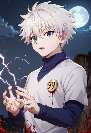 Score_9_up, Score_8_up, Score_7_up, Very detailed, high quality, masterpiece, beautiful, , killua_zoldyck, 1boy, solo, looking at viewer, short hair, open mouth, bangs, blue eyes, shirt, long sleeves, hair between eyes, upper body, white hair, male focus, looking back, electricity, magic, male child, score_8_up, rating_safe, shading, detailed background, good illumination, shiny leather, defined, a cliff, night, stars, full moon, full moon in the backgrounddetails (lora:xl_char_killua_zoldyck:1.0), (countershading: 1.1)  (Electrokinesis:1.3),perfect hands, good handes, perfect fingers,evil expression, murderous expression, blood on the face, blood on the hands, long nails, claws blood on body (blood:1.3), gore atmosfery, yandere