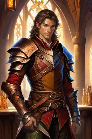 best quality ,Multicolor masterpiece,ultra-high resolution, male demi-elf, smirk, arrogant, tavern background, young, slim, leather armor