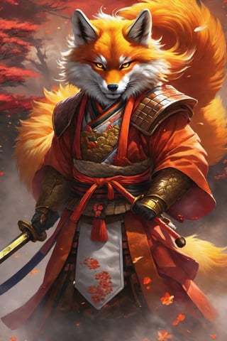 best quality ,Multicolor masterpiece,ultra-high resolution,samurai, kitsune, kind looking, amber eyes
