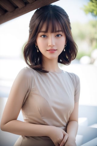 1 girl, very bright backlighting, solo, {beautiful and detailed eyes}, large breasts, dazzling moonlight, calm expression, natural and soft light, hair blown by the breeze, delicate facial features, Blunt bangs, eye smile, very small earrings,23yo, film grain, realhands,shy smile,Realism,acmm ss outfit