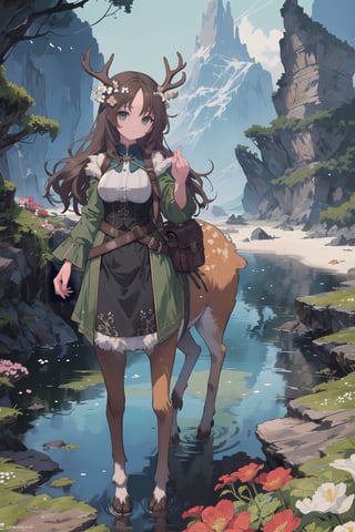(adult female, single character, human upper half, Centaur with deer body lower half, hooves, centaur, light tan fur with white spots, centaur with deer body with light tan deer fur with white spots on rump, deer ears, light brown fur body, thin, petite, medium breasts, small deer tail, deer legs), (very long dark brown wavey curly hair on head, very detailed hair, small flowering vines woven in hair on head, flowers in hair on head, flowers woven in hair), pirate outfit,  excited, full of energy, full body view, attractive, angular face, adventurer, character focus, very detailed, high detail, masterpiece, high quality, saddle bags, gorgeous island scenery, extremely detailed beach, extremely detailed tide pool