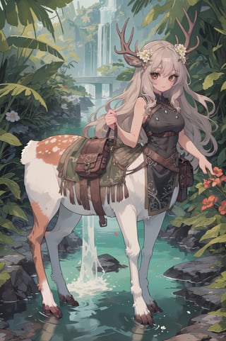 (adult female, single character, human upper half, Centaur with deer body lower half, hooves, centaur, light tan fur with white spots, centaur with deer body with light tan deer fur with white spots on rump, deer ears, light brown fur body, thin, large breasts, small deer tail, deer legs, pair of small semetrical deer horns on head), (very long dark brown wavey curly hair on head, very detailed hair, small flowering vines woven in hair on head, flowers in hair on head, flowers woven in hair), pirate outfit,  excited, full of energy, full body view, attractive, angular face, adventurer, character focus, very detailed, high detail, masterpiece, high quality, saddle bags, extremely high detailed, complex backgroud, vibrant tropical island, detailed tropical scenery, very detailed beach with clear water, very detailed clear water, tropical flowers growing everywhere, very detailed fur, petite lower body, tan fur white spots shaped like flowers, long torso 