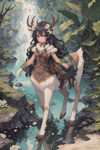 (adult female, single character, human upper half, Centaur with deer body lower half, hooves, centaur, light tan fur with white spots, centaur with deer body with light tan deer fur with white spots on rump, deer ears, light brown fur body, thin, petite, medium breasts, small deer tail, deer legs, pair of small semetrical deer horns on head), (very long dark brown wavey curly hair on head, very detailed hair, small flowering vines woven in hair on head, flowers in hair on head, flowers woven in hair), pirate outfit,  excited, full of energy, full body view, attractive, angular face, adventurer, character focus, very detailed, high detail, masterpiece, high quality, saddle bags, extremely high detailed, complex backgroud, vibrant tropical island, detailed tropical scenery, very detailed beach with clear water, very detailed clear water, tropical flowers growing everywhere, very detailed fur, petite lower body, tan fur with white flower petals shaped markings