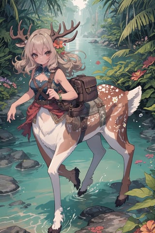 (adult female, single character, human upper half, Centaur with deer body lower half, hooves, centaur, light tan fur with white spots, centaur with deer body with light tan deer fur with white spots on rump, deer ears, light brown fur body, thin, petite, medium breasts, small deer tail, deer legs), (very long dark brown wavey curly hair on head, very detailed hair, small flowering vines woven in hair on head, flowers in hair on head, flowers woven in hair), pirate outfit,  excited, full of energy, full body view, attractive, angular face, adventurer, character focus, very detailed, high detail, masterpiece, high quality, saddle bags, extremely high detailed, complex backgroud, vibrant tropical island, detailed tropical scenery, very detailed beach with clear water, very detailed clear water with fish swimming near legs, lower legs under water, tropical flowers growing everywhere, very detailed fur, petite lower body, thin legs