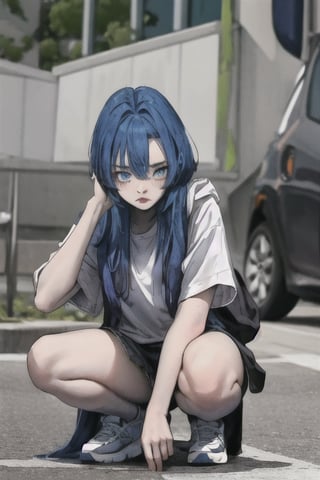 master piece, 1girl, , noah, blue hair, girl, squatting
