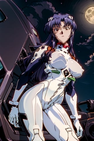 pikkyayanami, 1girl, solo, looking at viewer, purple hair, long hair, bangs, red eyes, breasts, large breasts, white bodysuit, plugsuit, bodysuit, interface headset, pilot suit, full body, best quality ,under the moon ,Misato Katsuragi