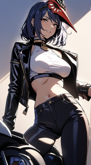 (Kujou Sara from Genshin Impact). ((masterpiece, sidelighting, 1girl)), best quality, seductive pose, simple background,  eyelashes, smile. pants. motorcycle. crop top. leather jacket.