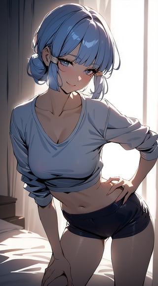 (Ayaka from Genshin Impact dressed casually). (masterpiece, sidelighting, 1girl), best quality, seductive pose, simple background, hand on hips,  eyelashes, smile. bedroom. Short hair.  crop top.