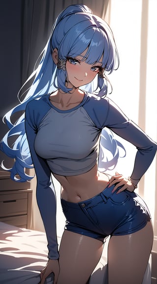 (Ayaka from Genshin Impact dressed casually). (masterpiece, sidelighting, 1girl), best quality, seductive pose, simple background, hand on hips,  eyelashes, smile. bedroom. long hair.  crop top.
