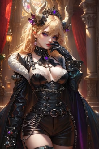 Hands:1.1, better_hands. UPSCALED. MASTERPIECE. (masterful), depth of field, (1girl:1.3), BLONDE Bowsette mistress lady, (four intricate horns:1.2), goth style gas mask, watching to the camera, beautiful, LONG leather gloves, gloved hands, leather corset, donning an intricately designed gothic inspired outfit, blend of Baroque and punk fashion styles meticulous attention to detail, elegance and flamboyance, ribboned waist adding a touch of Victorian charm, perfect face, edgy punk accents, such as leather gloves, leather harness, leather straps, spikes, and chains perfect anatomy, detailed eyes, perfect eyes, whole head, top of head, free space above head, The color palette includes rich jewel tones and metallic hues, enhancing the opulent yet rebellious aesthetic. Detailed, intrincate, perfect digital art, glowing shadows, (beautiful and aesthetic:1.3), extreme detailed, colorful, highest detailed,((ultra-detailed)), (highly detailed illustration), ((an extremely delicate and beautiful)),cinematic light, shining on ground, perfectly explained gloved hands, love_handles, both gloved hands, perfectly explained arms, always gloved.