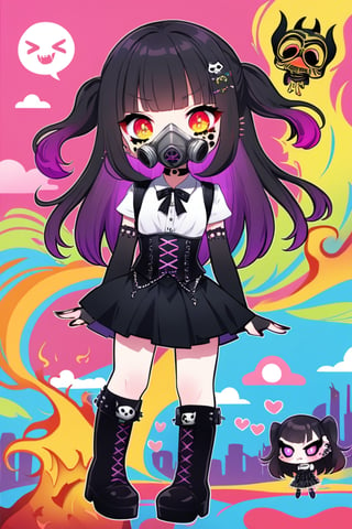 In a vibrant graffiti-filled background, Wednesday Addams stands solo, exuding a fusion of Japanese-Gothic punk elegance. She wears a schoolgirl uniform adorned with choker, long elbow gloves, and tight corset, paired with knee-high boots. Her long hair flows like a river of night. A gas mask covers her face, her eyes rolling in sassy disdain as she flaunts a cute, kawaii smile. The air is thick with lust, her cheeks flushed pink from the heat of her own desires. The scene is set ablaze by pastel goth hues and colorful chibi emotes, as ancient Egyptian edginess meets punk-inspired ferocity.