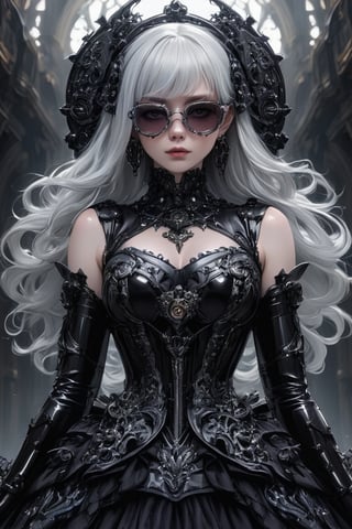 1girl, solo, long black gloves, glasses, (((white hair))), (((middle aged woman))), catholic, emo, tears, elbow gloves, embarrassed, long gloves,  Her dress merges the ornate elegance of Rococo with futuristic cyber elements. The fabric is a mix of rich silks and metallic materials, adorned with elaborate lace and digital patterns that glow subtly. The bodice is detailed with delicate ruffles and cybernetic embellishments, while the skirt flares out in layers enamel latex elbow gloves, latex clothes, latex thighhighboots,cleavage, latex elbow gloves, big_dominant, serious, stern, latex corset. High resolution, extremely detailed, atmospheric scene, masterpiece, best quality, 64k, high quality, (HDR), HQ , very detailed, beautiful and aesthetic, heavy makeup, earrings, (masterpiece, best quality, high resolution, ultra detail), ((skindentation)), bare shoulders, soft skin, perfectly explained gloved hands, perfectly explained arms,