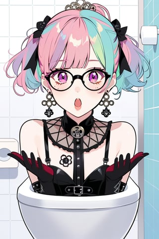 Toilet. Bathroom. 1girl, glasses girl, surprise face, surprised, pastel goth, Catholicpunk aesthetic art, gloved hands, cute goth girl in a fusion of Japanese-inspired Gothic punk fashion, glasses, dark, goth. RED gloves, tight corset, incorporating traditional Japanese motifs and punk-inspired details,Emphasize the unique synthesis of styles, score_9, score_8_up, heavy makeup, earrings, kawaiitech, dollskill, chibi, ,BIG EYES,Eyes,