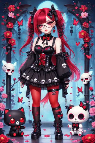 1girl, Catholicpunk aesthetic art, cute goth girl in a fusion of Japanese-inspired Gothic punk fashion, glasses, skulls, goth. black gloves, tight corset, black ribbon, red pantyhose, incorporating traditional Japanese motifs and punk-inspired details,Emphasize the unique synthesis of styles, flowers, butterflies, score_9, score_8_up ,heavy makeup, earrings, Lolita Fashion Clothes, kawaii, hearts ,emo, kawaiitech, dollskill,chibi,Eyes