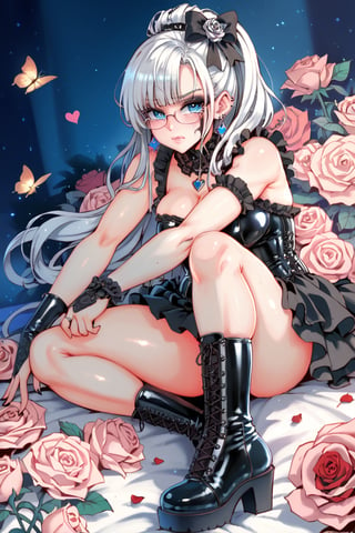 score_9,score_8_up,score_7_up,ClrSkt 1girl, solo, long black gloves, glasses, (((white hair))), (((middle aged woman))), catholic, emo, tears, elbow gloves, embarrassed, long gloves, hearts, long hair, solo, 2.5D, (masterpiece, best quality, ultra-detailed), (perfect hands, perfect anatomy), Highly detailed, High Quality, Masterpiece, beautiful, (((red roses))), red skin, High detailed, detailed eyes, huge body, enamel latex elbow gloves, latex clothes, latex thighhighboots,cleavage, latex elbow gloves, big_dominant, serious, stern, latex corset. High resolution, extremely detailed, atmospheric scene, masterpiece, best quality, 64k, high quality, (HDR), HQ , very detailed, beautiful and aesthetic, heavy makeup, earrings, (masterpiece, best quality, high resolution, ultra detail), ((skindentation)), bare shoulders, soft skin, perfectly explained gloved hands, perfectly explained arms, ClrSkt,Eyes,