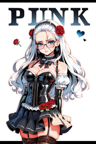 score_9,score_8_up,score_7_up,ClrSkt 1girl, solo, long black gloves, glasses, (((white hair))), (((middle aged woman))), catholic, emo, tears, elbow gloves, embarrassed, long gloves, hearts, long hair, solo, 2.5D, (masterpiece, best quality, ultra-detailed), (perfect hands, perfect anatomy), Highly detailed, High Quality, Masterpiece, beautiful, (((red roses))), red skin, High detailed, detailed eyes, huge body, enamel latex elbow gloves, latex clothes, latex thighhighboots,cleavage, latex elbow gloves, big_dominant, serious, stern, latex corset. High resolution, extremely detailed, atmospheric scene, masterpiece, best quality, 64k, high quality, (HDR), HQ , very detailed, beautiful and aesthetic, heavy makeup, earrings, (masterpiece, best quality, high resolution, ultra detail), ((skindentation)), bare shoulders, soft skin, perfectly explained gloved hands, perfectly explained arms, ClrSkt,Eyes,