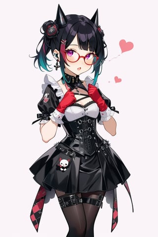 1girl, glasses girl, surprise face, surprised, pastel goth, Catholicpunk aesthetic art, gloved hands, cute goth girl in a fusion of Japanese-inspired Gothic punk fashion, glasses, dark, goth. RED gloves, tight corset, incorporating traditional Japanese motifs and punk-inspired details,Emphasize the unique synthesis of styles, score_9, score_8_up, heavy makeup, earrings, kawaiitech, dollskill, chibi, ,BIG EYES,Eyes,