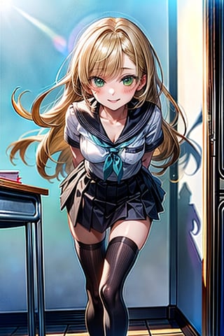 best quality,masterpiece, Rika Shiraki from bible black, 1girl, school uniform, blonde hair , green eyes, straight hair, smile , stockings, skirt , cleavage, arms behind back, contrapposto,leaning forward,medium breasts, socks , evil, villain, eroge, hentai, antagonist, model, diva, bible black