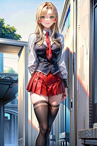 best quality,masterpiece, Rika Shiraki from bible black, 1girl, school uniform, blonde hair , green eyes, straight hair, smile , stockings, skirt , cleavage, arms behind back, contrapposto,leaning forward,medium breasts, socks , evil, villain, eroge, hentai, antagonist, model, diva, bible black