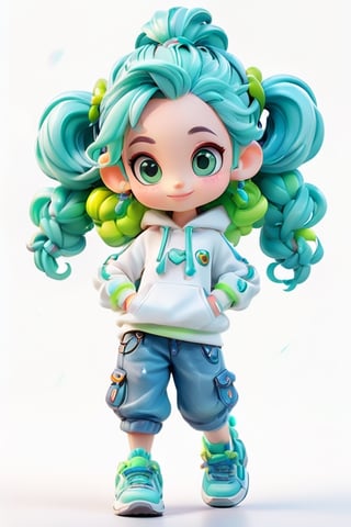 "Amira", 10 years old girl, with aqua hair and two long braids, 
Green shiny eyes, 
dressed in a white sweatshirt, short jeans, and blue sneakers. Happy pose. Kawaii character chibi style, white background, pixar disney style.