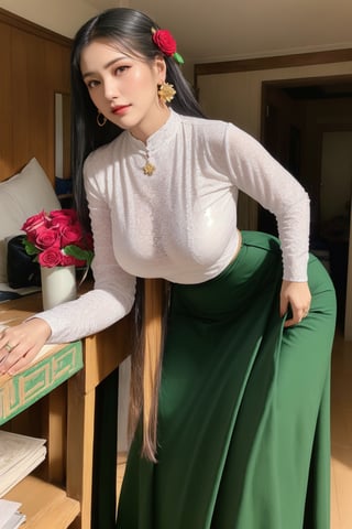 photorealistic, high resolution, masterpiece, best quality ,ultra-detailed, 1women, big hair bun ,  rose flower on the head,  mature female, solo, hips up, (undressing acmmsayarma outfit, acmmsayarma white top with buttons, long sleeves), ((acmmsayarma green long skirt)),Myanmar,doggystyle, on the heap of junk anddirty trash,Leaning_forward on pillow,Wearing Golden necklace,Golden and diamond earrings,Golden bracelet,Black watch