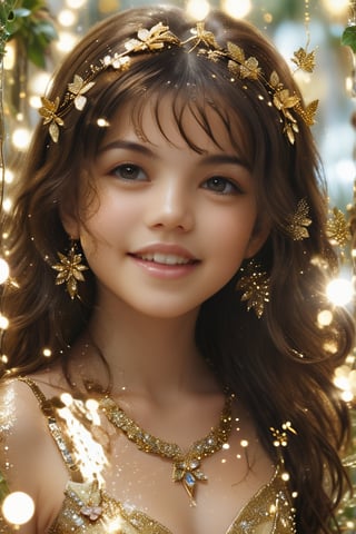 Best quality, high resolution, 8k, realistic, sharp focus, realistic image of a beautiful brunette girl in a mirror garden, the little girl wears a golden outfit, translucent decoration, shiny skin, reflection, 16 years old, blurry_light_background,1 girl, q girl, smiling girl,glitter,Enhance,CCEN,Ycen