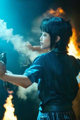 Real photo, Douluo Continent's Haotian Hammer, in the form of a gas that emits golden light (illusory and transparent), appears behind a 16-year-old girl in a fighting style. The girl gathers gas in her hand and emits a faint thunderous light.