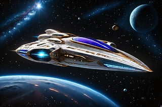 "The highly detailed concept art features a flat-shaped vertical take-off and landing jet equipped with stealth technology, set against the (Star Trek) series' signature visual style. This ensures the aircraft maintains the futuristic aesthetic of the (Star Trek) universe, while Blending advanced engineering with sleek aerodynamic lines. Considered glass textures, shiny metals and futuristic tech details convey the gritty vibe of the set. Capturing (Star Trek's) unique fusion of tech and futuristic elements in the design Essence of. (smooth hull plating), SpaceshipAI, 1 spaceship, in deep space, high resolution, detailed cockpit, smooth hull, side angle view, nebula in background, side side symmetry, symmetrical spaceship , rectangular engine like the Millennium Falcon, Star Wars theme, VCX-100 Light Freighter, shaped like a VCX-100 Light Freighter, movie, symmetry starship, starship, CGI, special effects, VFX, dynamic lighting, through camera Shot flying, flat shapes, heavy fighter aircraft, realistic,starship,Starship,Golden Warrior Mecha,DonMASKTexXL 