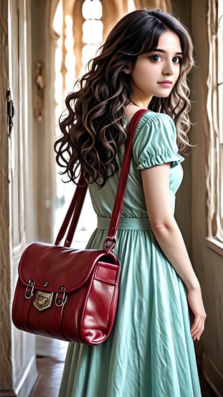 masterpiece, best quality, photorealistic, raw photo, 1girl, , long wavy hair,daily Indian outfit with back bag , light, detailed skin, pore, low key, blinding background , solo,cen cute,Beautiful eyes girl