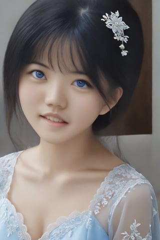 Masterpiece, Korean 16 year old girl, long straight black hair, dark blue eyes, full body photo ((best quality, 8k, super detailed)), full body photo, perfect anatomy, full body photo, kanna kamui, (18 years old Girl: 1.4), (Solo: 1.4), (Flat chest: 1.4), pretty face, blue transparent lace blouse, full body photo, (Wedding dress: 1.4), exposed navel, CENN, CCEN, Ycen, detailed XL, Expressiveh , pretty eyed girl