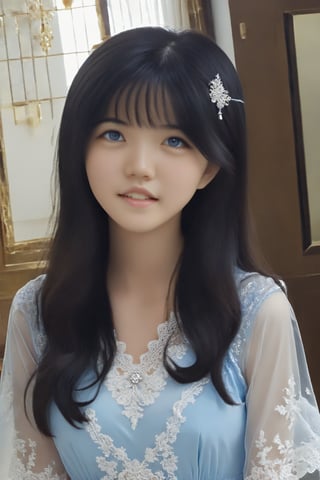 Masterpiece, Korean 16 year old girl, long straight black hair, dark blue eyes, full body photo ((best quality, 8k, super detailed)), full body photo, perfect anatomy, full body photo, kanna kamui, (18 years old Girl: 1.4), (Solo: 1.4), (Flat chest: 1.4), pretty face, blue transparent lace blouse, full body photo, (Wedding dress: 1.4), exposed navel, CENN, CCEN, Ycen, detailed XL, Expressiveh , pretty eyed girl