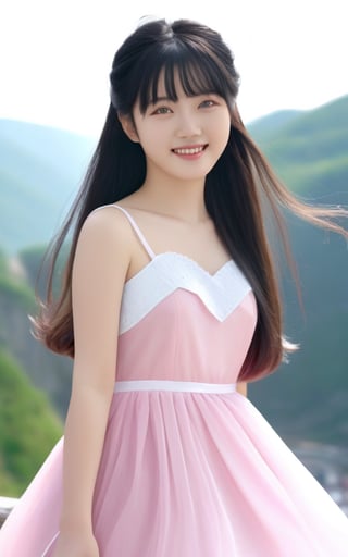 (Best Quality, 4k, 8k, HD, Masterpiece: 1.2), Super Detailed, (Photorealistic, Realistic, Realistic: 1.37), 1girl, 16 years old Korean girl, fair skin, solo, looking at the audience, long hair , bangs, black hair, pink dress, smile, (pink and white dress: 1.2), professional photography, cute cen,Beautiful eyes girl